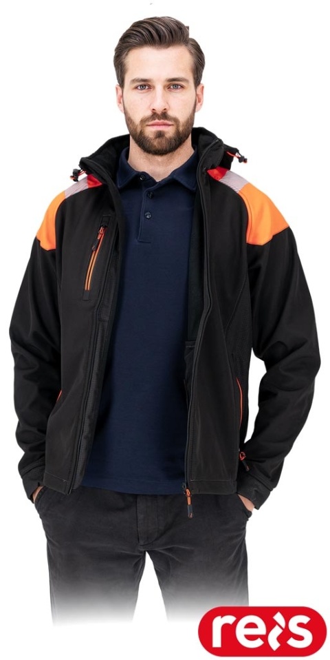 KURTKA OCHRONNA WIND SOFTSHELL, STÓJKA OCIEPLANA POLAREM, TROCZKI, ZAMEK CZARNO-POMARAŃCZOWA