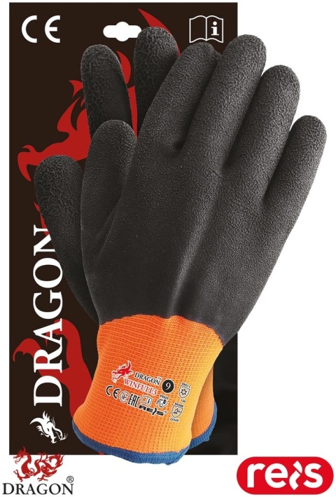 RĘKAWICE OCHRONNE OCIEPLANE WINFULL SPIENIONY LATEKS, CHŁODNIE MAGAZYNY, POMARAŃCZOWO-CZARNE, 6PAR