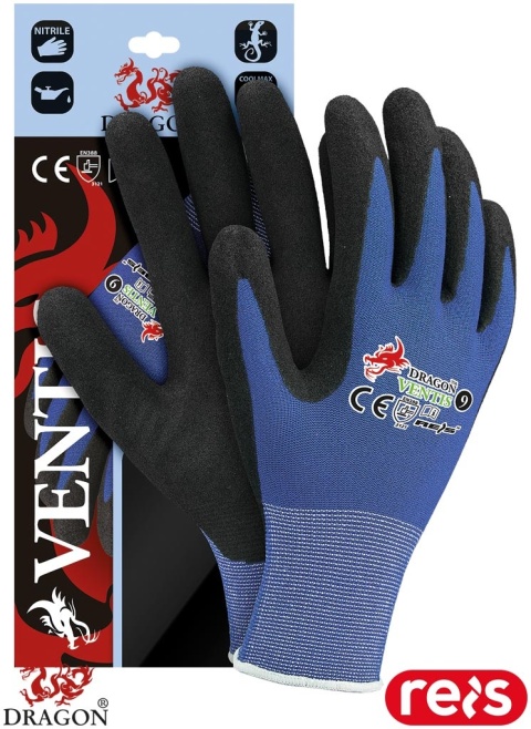 RĘKAWICE OCHRONNE VENTIS PRZĘDZA COOLMAX ZAPEWNIA KOMFORT TERMICZNY NIEBIESKO-CZARNE 6PAR