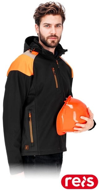 KURTKA OCHRONNA WIND SOFTSHELL, STÓJKA OCIEPLANA POLAREM, TROCZKI, ZAMEK CZARNO-POMARAŃCZOWA