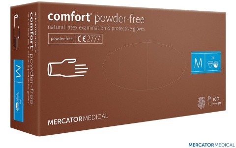 RĘKAWICE LATEKSOWE 8% VAT COMFORT LATEKSOWE DIAGNOSTYCZNE 100SZT BEZPUDROWE DO BADAŃ LEKARSKICH, KONTAKT Z ŻYWNOŚCIĄ, CHLOROWANE