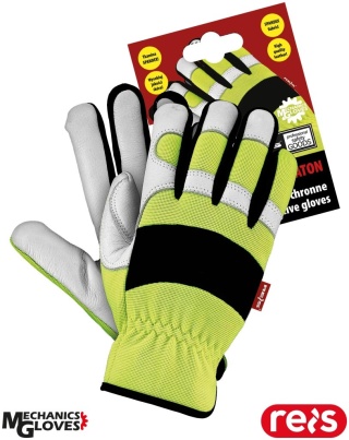 RĘKAWICE OCHRONNE MERATON FLUO SKÓRA BYDLĘCA, SPANDEX DLA KIEROWCÓW, DROGOWCÓW, KADRY KIEROWNICZEJ