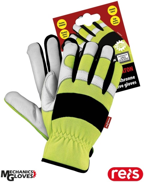 RĘKAWICE OCHRONNE MERATON FLUO SKÓRA BYDLĘCA, SPANDEX DLA KIEROWCÓW, DROGOWCÓW, KADRY KIEROWNICZEJ