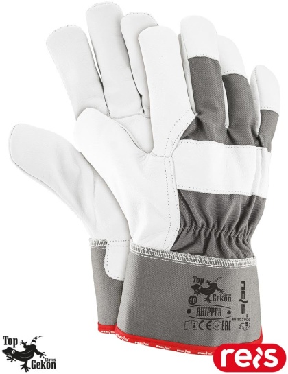 RĘKAWICE OCHRONNE RHIPPER KOZIA SKÓRA LICOWA SZARO-BIAŁE BUDOWA, PRZEMYSŁ 12PAR