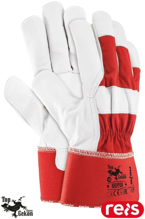 RĘKAWICE OCHRONNE RHIPPER KOZIA SKÓRA LICOWA CZERWONO-BIAŁE BUDOWA, PRZEMYSŁ 12par
