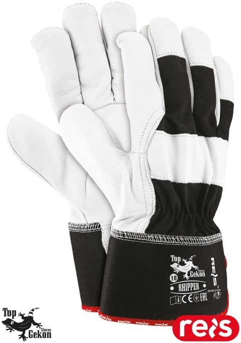 RĘKAWICE OCHRONNE RHIPPER KOZIA SKÓRA LICOWA CZARNO-BIAŁE PRZEMYSŁ, BUDOWA 12par