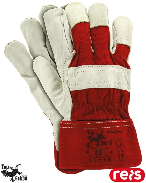 RĘKAWICE OCHRONNE RHIP SKÓRA BYDLĘCA LICOWA CZERWONO-BIAŁE BUDOWA, 12PAR