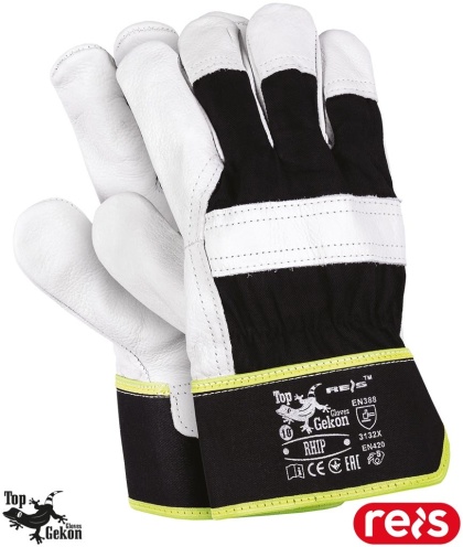 RĘKAWICE OCHRONNE RHIP SKÓRA BYDLĘCA LICOWA CZARNO-BIAŁE, BUDOWA, 12 PAR