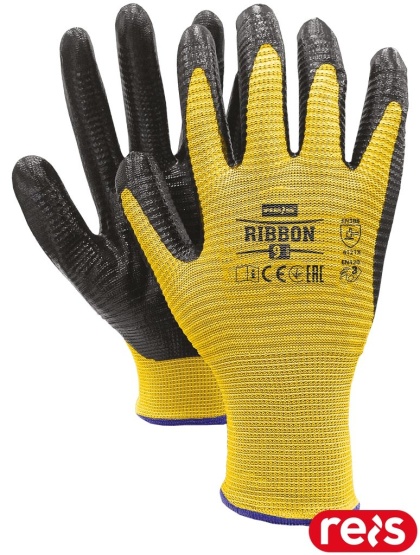 RĘKAWICE OCHRONNE RIBBON ŻÓŁTO-CZARNE PRACE MECHANICZNE, ODPORNE NA SMARY I OLEJE 12PAR