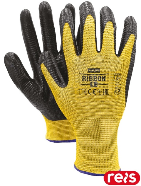 RĘKAWICE OCHRONNE RIBBON ŻÓŁTO-CZARNE PRACE MECHANICZNE, ODPORNE NA SMARY I OLEJE 12PAR