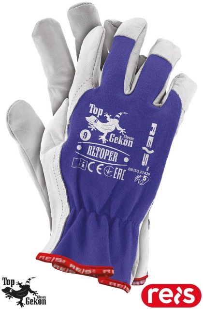 RĘKAWICE OCHRONNE RLTOPER SKÓRA KOZIA DLA KIEROWCÓW, PRACE MECHANICZNE NIEBIESKO-BIAŁE