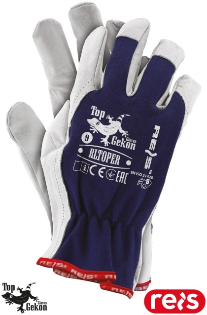RĘKAWICE OCHRONNE RLTOPER SKÓRA KOZIA DLA KIEROWCÓW, PRACE MECHANICZNE GRANATOWO-BIAŁE