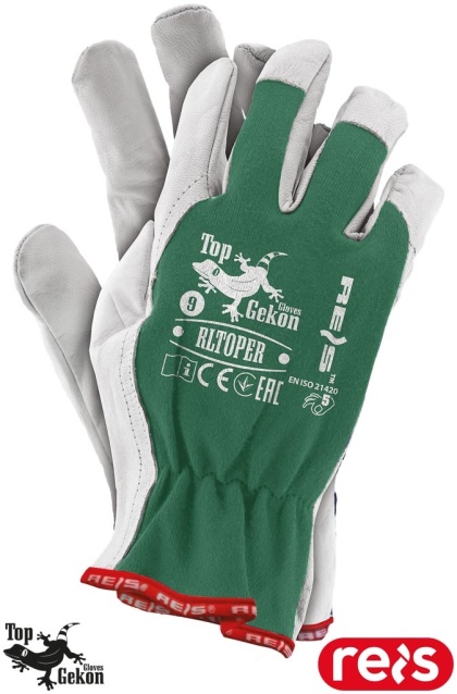 RĘKAWICE OCHRONNE RLTOPER SKÓRA KOZIA DLA KIEROWCÓW, PRACE MECHANICZNE ZIELONO-BIAŁE