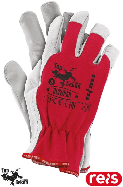 RĘKAWICE OCHRONNE RLTOPER SKÓRA KOZIA DLA KIEROWCÓW, PRACE MECHANICZNE CZERWONO-BIAŁE