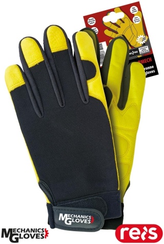 RĘKAWICE OCHRONNE RMECH SKÓRA BYDLĘCA LICOWA, DZIANINA, DLA MECHANIKÓW, BUDOWLAŃCÓW