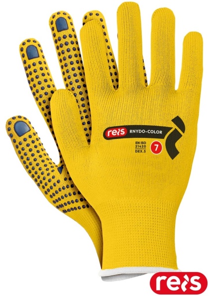 RĘKAWICE OCHRONNE RNYDO-COLOR NAKROPIENIE PCV ŻÓŁTO GRANATOWE, CIENKIE, WYTRZYMAŁE, TRANSPORT, BUDOWLANKA 12PAR