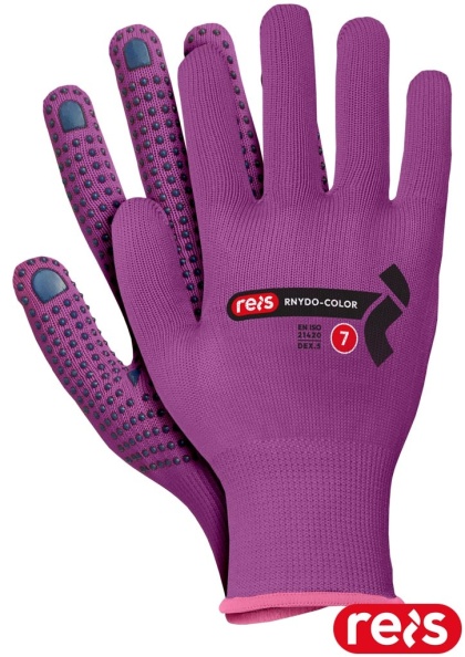RĘKAWICE OCHRONNE RNYDO-COLOR NAKROPIENIE PCV RÓŻOWO GRANATOWE CIENKIE, WYTRZYMAŁE, TRANSPORT, BUDOWLANKA 12PAR