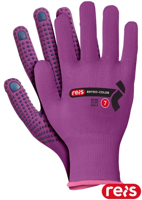 RĘKAWICE OCHRONNE RNYDO-COLOR NAKROPIENIE PCV RÓŻOWO GRANATOWE CIENKIE, WYTRZYMAŁE, TRANSPORT, BUDOWLANKA 12PAR