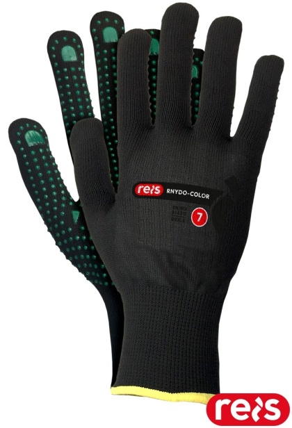 RĘKAWICE OCHRONNE RNYDO-COLOR NAKROPIENIE PCV CZARNO ZIELONE CIENKIE, WYTRZYMAŁE, TRANSPORT, BUDOWLANKA 12PAR