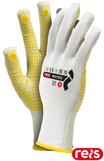 RĘKAWICE OCHRONNE RNYDO NAKROPIENIE PCV BIAŁO-ŻÓŁTE ELASTYCZNE, CIENKIE, DO PRAC BUDOWLANYCH, W TRANSPORCIE 12par