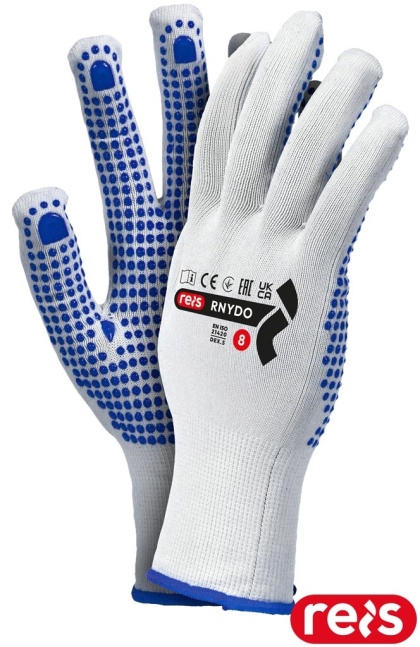 RĘKAWICE OCHRONNE RNYDO NAKROPIENIE PCV BIAŁO-NIEBIESKIE ELASTYCZNE, CIENKIE, DO PRAC BUDOWLANYCH, W TRANSPORCIE 12par