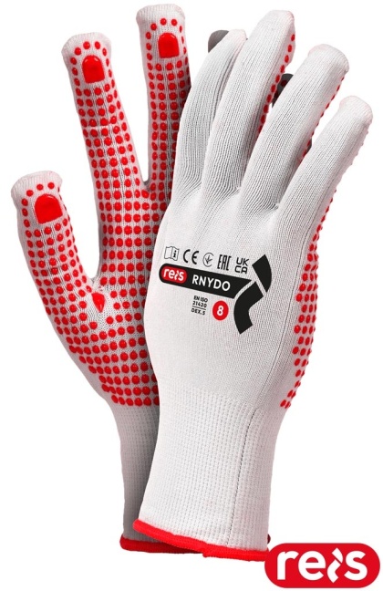 RĘKAWICE OCHRONNE RNYDO NAKROPIENIE PCV BIAŁO-CZERWONE ELASTYCZNE, CIENKIE, DO PRAC BUDOWLANYCH, W TRANSPORCIE 12par