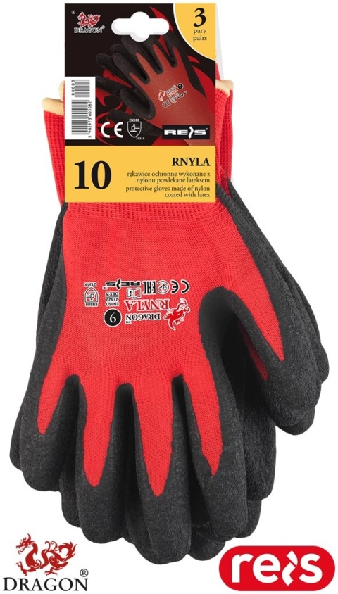 RĘKAWICE OCHRONNE RNYLA POWLEKANE LATEKSEM O CHROPOWATEJ STRUKTURZE CZERWONO-CZARNE 3PARY