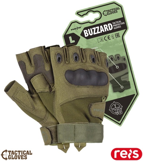 RĘKAWICE OCHRONNE TAKTYCZNE BUZZARD GUMOWA WSTAWKA NA KOSTKACH, BEZ KOŃCÓWEK PALCÓW, ZIELONE