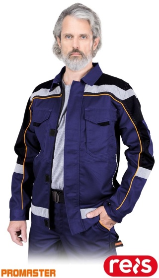 BLUZA OCHRONNA PROM KIESZEŃ NA TELEFON, ODBLASKI, NIEBIESKO-CZARNO-POMARAŃCZOWE