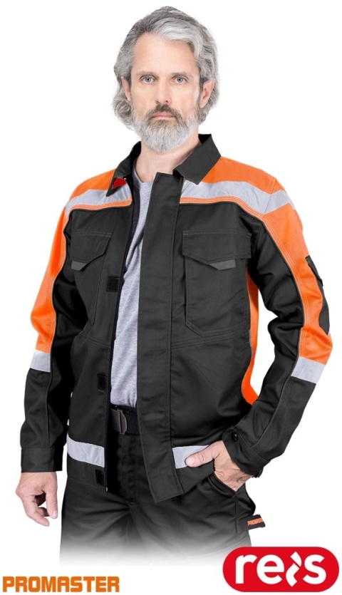 BLUZA OCHRONNA PROM KIESZEŃ NA TELEFON, ODBLASKI, CZARNO-POMARAŃCZOWO-SZARE