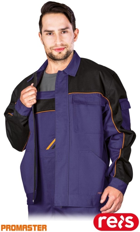 BLUZA OCHRONNA PRO SYSTEM WENTYLACJI, KIESZEŃ NA TELEFON, NIEBIESKO-CZARNO-POMARAŃCZOWA