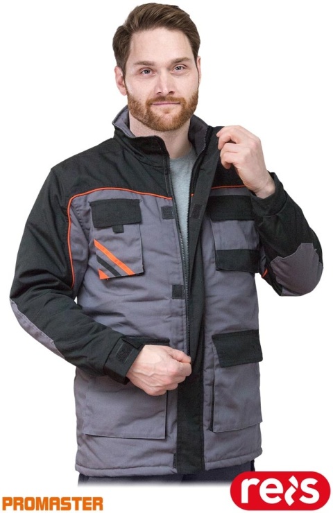 KURTKA OCHRONNA OCIEPLANA MĘSKA, ZIMOWA, PRO-WIN PRZEDŁUŻANA SZARO-CZARNO-POMARAŃCZOWA