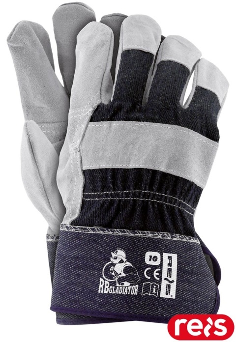 RĘKAWICE OCHRONNE RBGLADIATOR SKÓRA BYDLĘCA DWOINAM DRELICH JEANS DŻINSOWE 12PAR