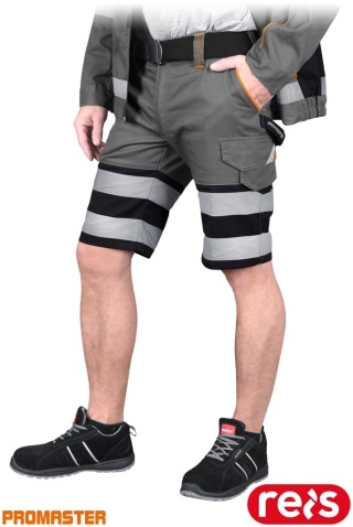 SPODNIE OCHRONNE DO PASA - KRÓTKIE PROM, REGULACJA W PASIE, KIESZENIE, ODBLASKI SZARO-CZARNO-POMARAŃCZOWE