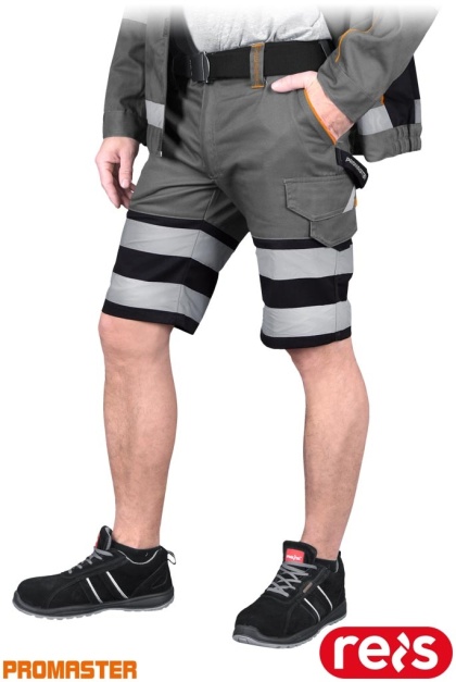 SPODNIE OCHRONNE DO PASA - KRÓTKIE PROM, REGULACJA W PASIE, KIESZENIE, ODBLASKI SZARO-CZARNO-POMARAŃCZOWE