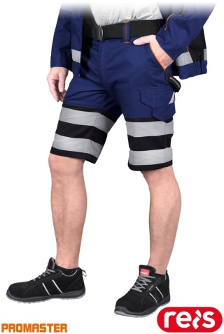 SPODNIE OCHRONNE DO PASA - KRÓTKIE PROM, REGULACJA W PASIE, KIESZENIE, ODBLASKI NIEBIESKO-CZARNO-POMARAŃCZOWE