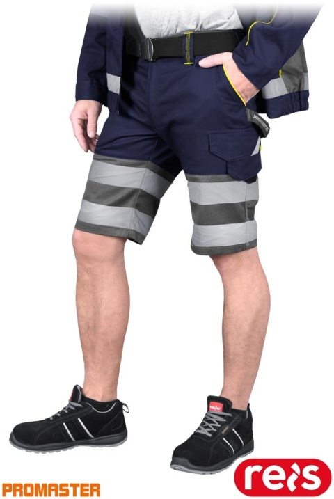 SPODNIE OCHRONNE DO PASA - KRÓTKIE PROM, REGULACJA W PASIE, KIESZENIE, ODBLASKI GRANATOWO-ŻÓŁTO-SZARE