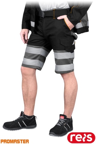 SPODNIE OCHRONNE DO PASA - KRÓTKIE PROM, REGULACJA W PASIE, KIESZENIE, ODBLASKI CZARNO-POMARAŃCZOWO-SZARE