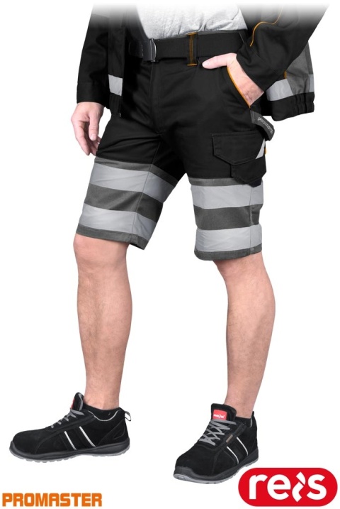 SPODNIE OCHRONNE DO PASA - KRÓTKIE PROM, REGULACJA W PASIE, KIESZENIE, ODBLASKI CZARNO-POMARAŃCZOWO-SZARE