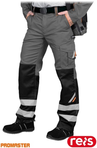 SPODNIE OCHRONNE DO PASA PROM REGULACJA W PASIE, ODBLASKI, KIESZENIE NA NAKOLANNIKI SZARO-CZARNO-POMARAŃCZOWE