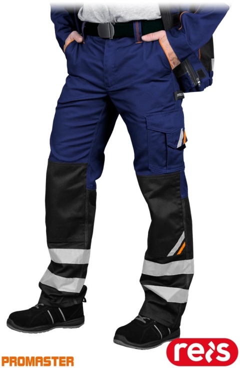 SPODNIE OCHRONNE DO PASA PROM REGULACJA W PASIE, ODBLASKI, KIESZENIE NA NAKOLANNIKI NIEBIESKO-CZARNO-POMARAŃCZOWE