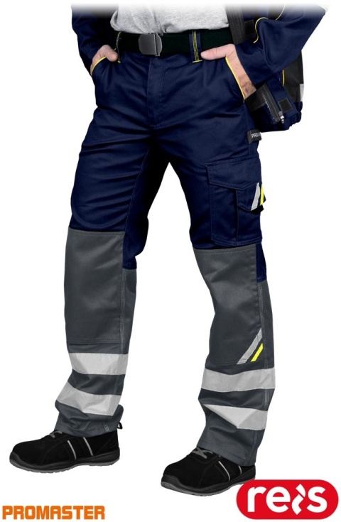 SPODNIE OCHRONNE DO PASA PROM REGULACJA W PASIE, ODBLASKI, KIESZENIE NA NAKOLANNIKI GRANATOWO-ŻÓŁTO-SZARE