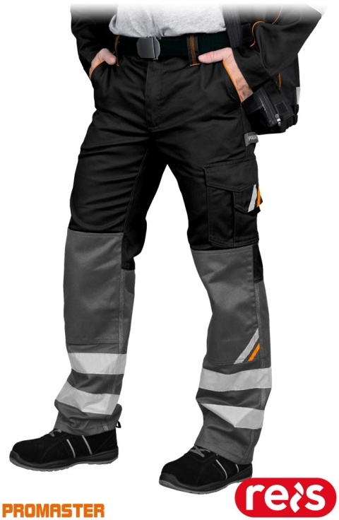 SPODNIE OCHRONNE DO PASA PROM REGULACJA W PASIE, ODBLASKI, KIESZENIE NA NAKOLANNIKI CZARNO-POMARAŃCZOWO-SZARE