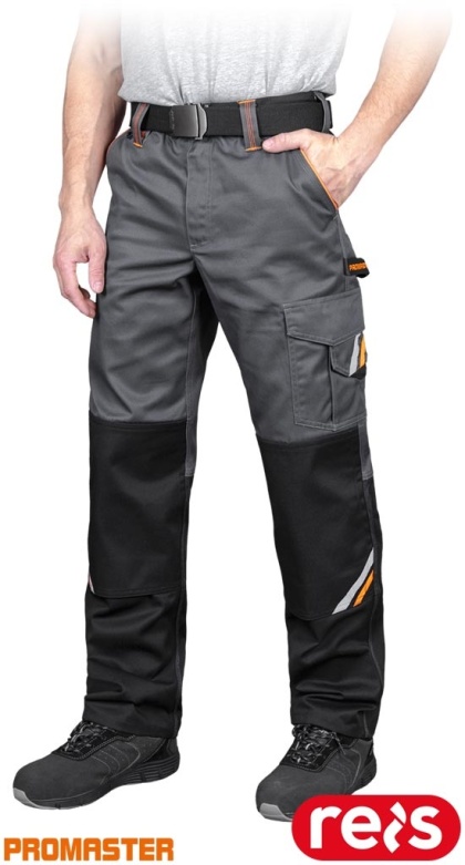 SPODNIE OCHRONNE DO PASA PROX WSTAWKI ODBLASKOWE, KIESZENIE NA NAKOLANNIKI SZARO-CZARNO-POMARAŃCZOWE