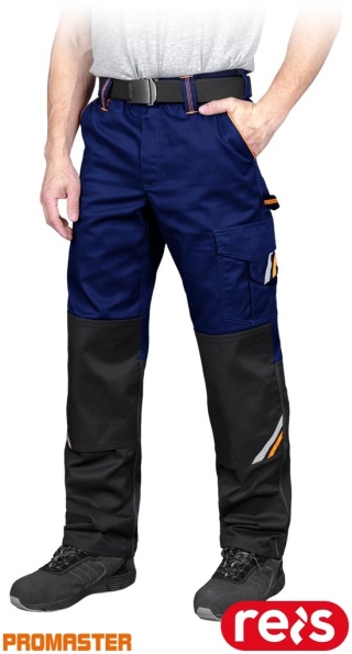 SPODNIE OCHRONNE DO PASA PROX WSTAWKI ODBLASKOWE, KIESZENIE NA NAKOLANNIKI NIEBIESKO-CZARNO-POMARAŃCZOWE