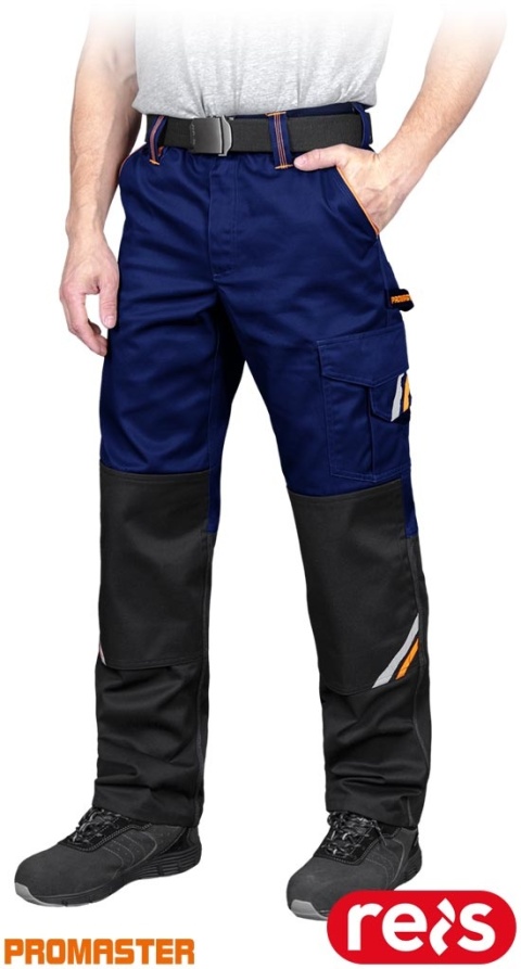 SPODNIE OCHRONNE DO PASA PROX WSTAWKI ODBLASKOWE, KIESZENIE NA NAKOLANNIKI NIEBIESKO-CZARNO-POMARAŃCZOWE