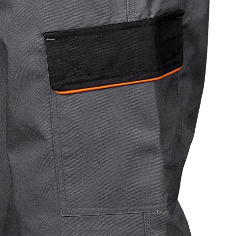 SPODNIE OCHRONNE MĘSKIE DO PASA PRO KIESZENIE NA NAKOLANNIKI NIEBIESKO-CZARNO-POMARAŃCZOWE