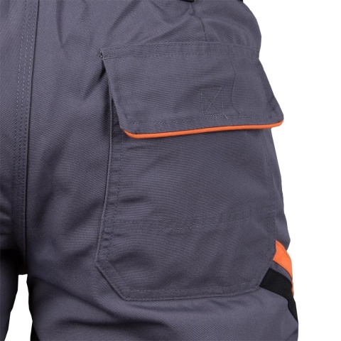 SPODNIE OCHRONNE OCIEPLANE, ZIMOWE, MĘSKIE, DO PASA PRO-WIN, WKŁADKI NA NAKOLANNIKI SZARO-CZARNO-POMARAŃCZOWE