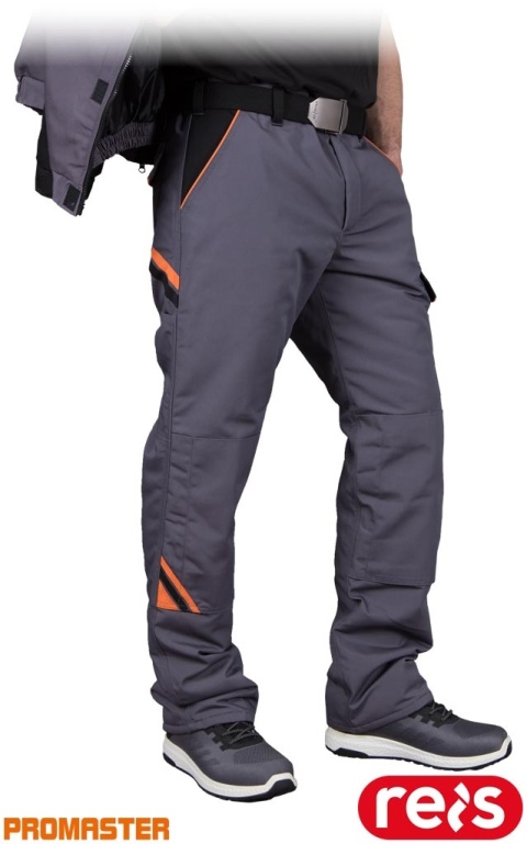 SPODNIE OCHRONNE OCIEPLANE, ZIMOWE, MĘSKIE, DO PASA PRO-WIN, WKŁADKI NA NAKOLANNIKI SZARO-CZARNO-POMARAŃCZOWE