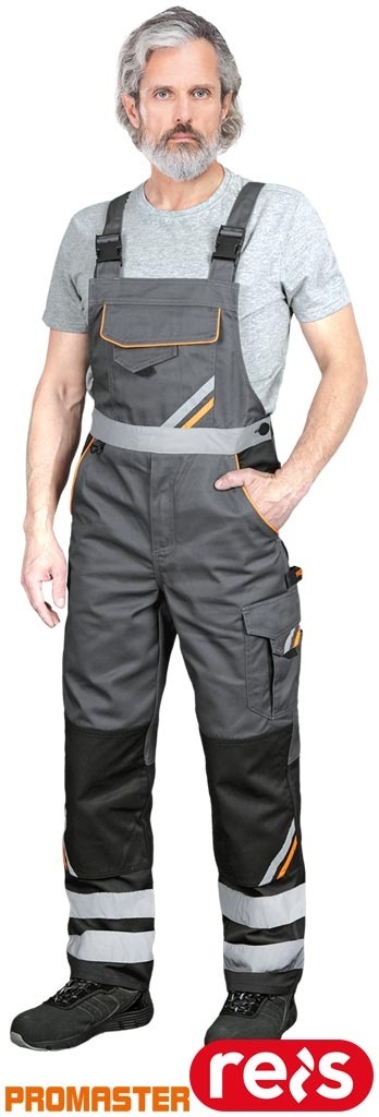 SPODNIE OCHRONNE OGRODNICZKI PROM KIESZENIE NA NAKOLANNIKI, ODBLASKI, SZARO-CZARNO-POMARAŃCZOWE